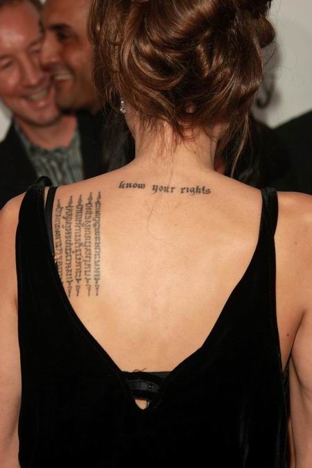 Angelina Jolie has the phrase know your rights tattooed just below the 
